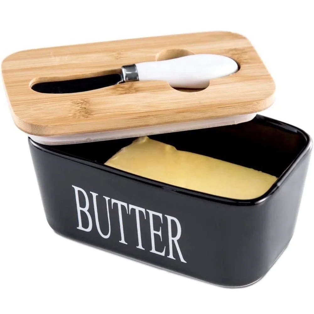 Black Butter Dish with Bamboo Lid andBlack Butter Dish with Bamboo Lid and Knife